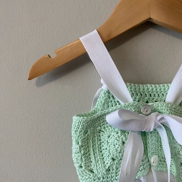 Handmade Baby Size 3 Months Green White Cotton Crochet Linen Bow Dress - Picture 12 of 14
